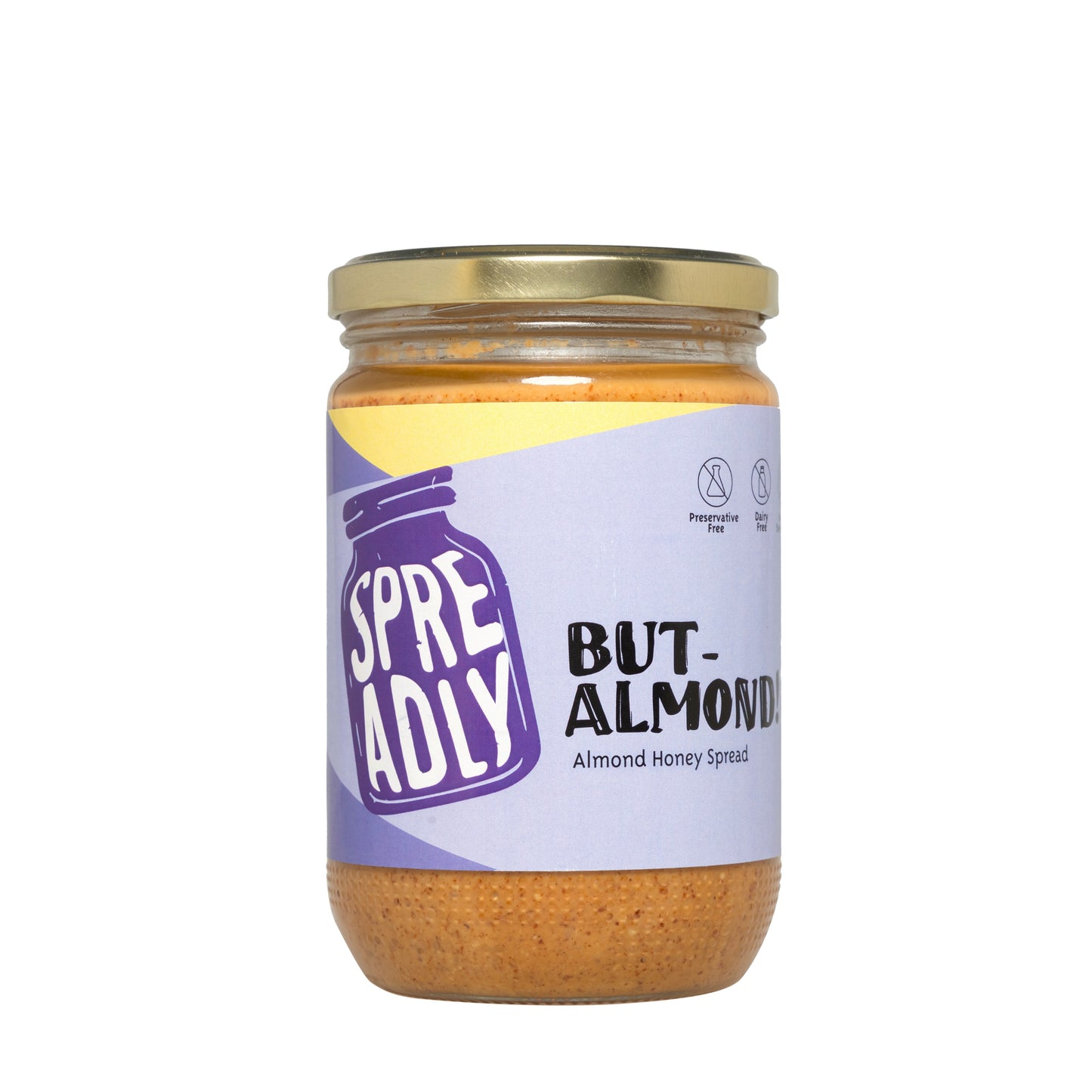 Natural Almond Honey Spread made with dry roasted almonds, sweetened with honey. Free of preservatives, dairy free and palm oil free