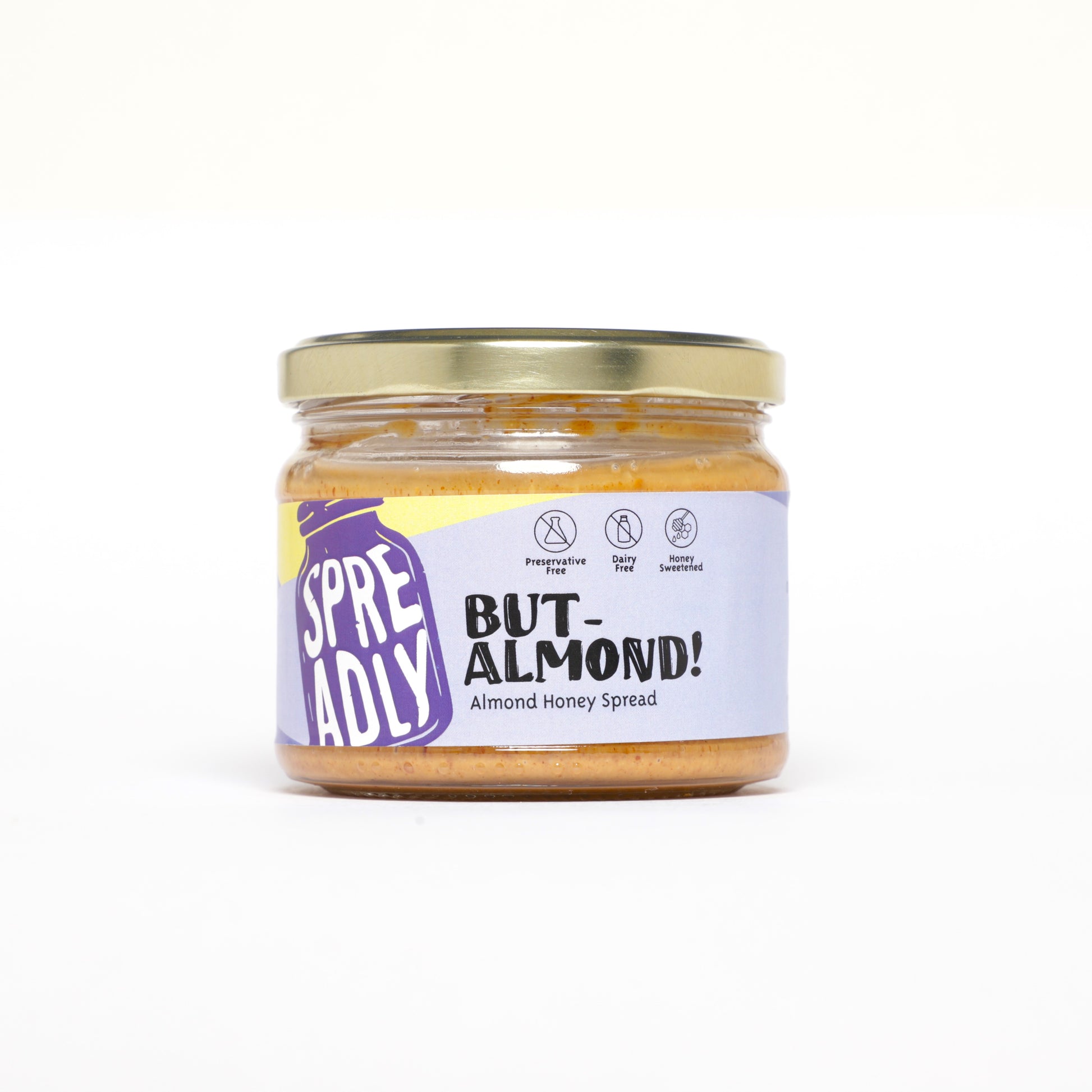 Natural Almond Honey Spread made with dry roasted almonds, sweetened with honey. Free of preservatives, dairy free and palm oil free 